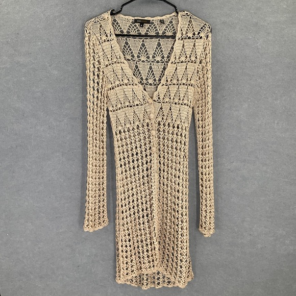 BCBGMAXAZRIA Crochet Knit Cover Up Cardigan Beige Boho Party Festival Sz M - Picture 1 of 14
